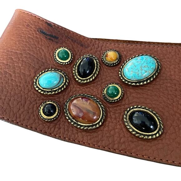 Leatherock Brown Leather Wide Made in Italy Stone Gild Buckle Belt size large - Picture 4 of 10